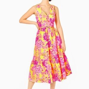 NWT Lilly Pulitzer Bre V Neck Cotton Midi Dress Calla Yellow Floral Coral Size 8